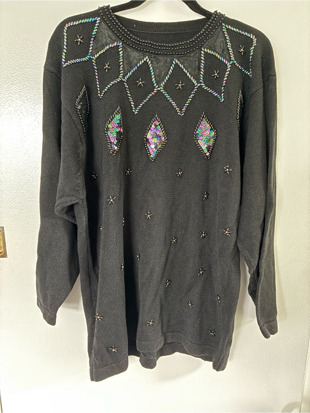 Black Sequin-Embellished Crewneck Sweater with Iridescent Accents